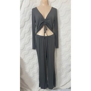 Kittenish Jumpsuit Charcoal Ribbed Cutout Club Lounge Minimalist Flare Comfy L